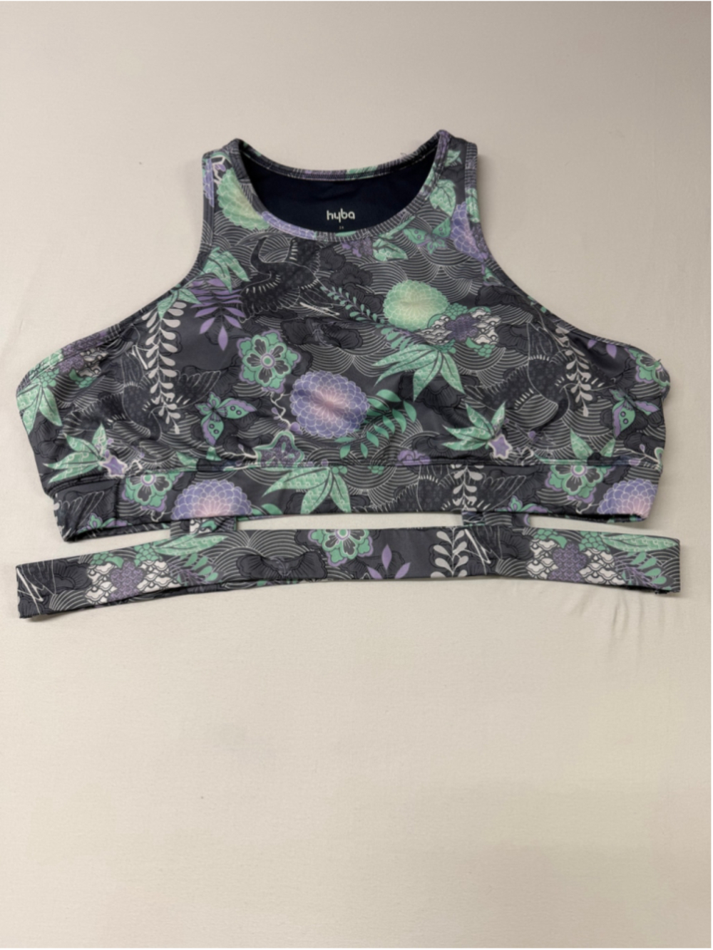 Women's Hyba Sports Bra 3X Grey Green Floral Print High Neck 2059